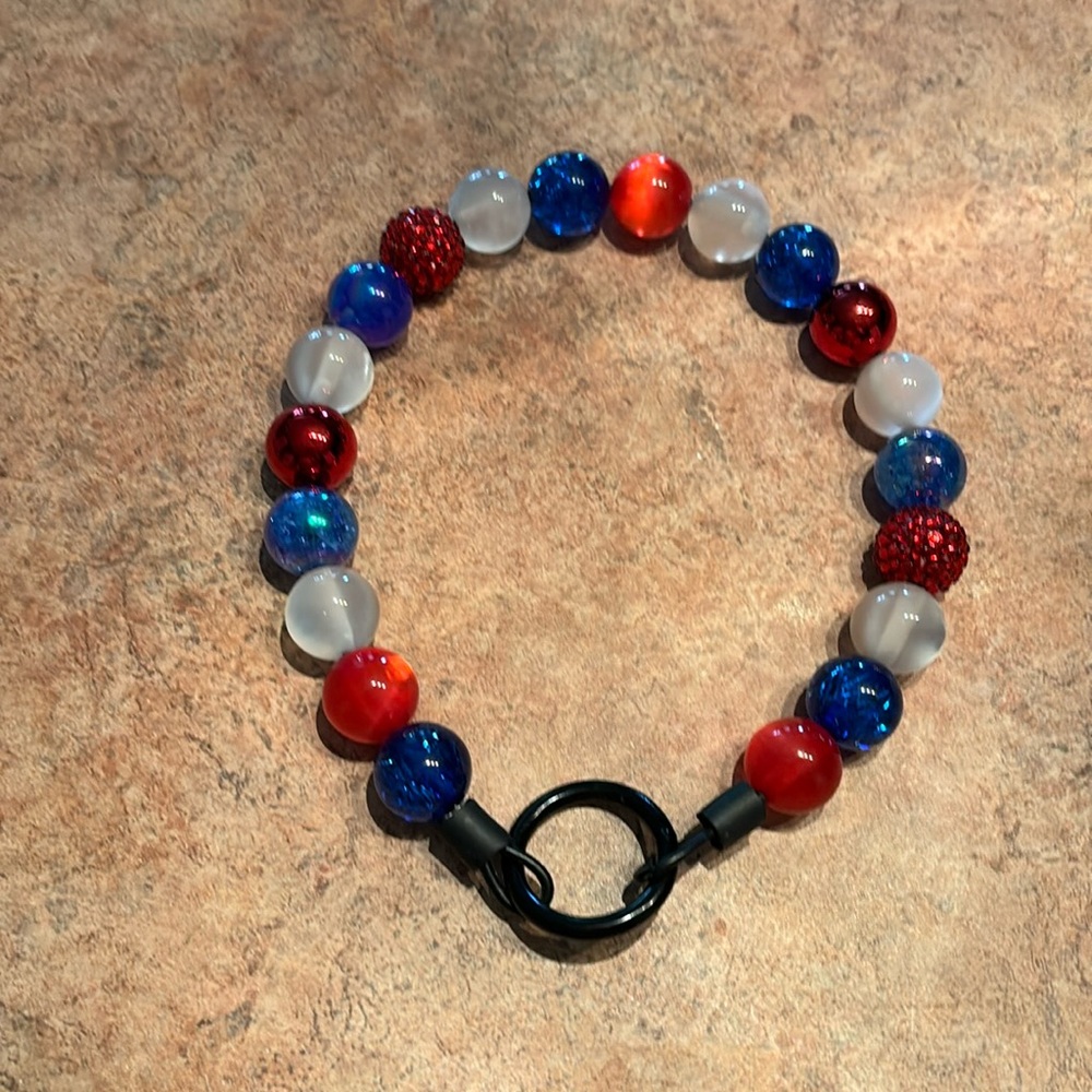 Fourth of July inspired beaded pet collar.